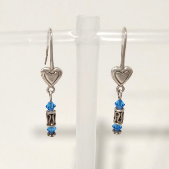 Vtg 925 Sterling Silver Hearts Dangle Drop Earrings Royal Blue Crystal Signed - Picture 3 of 7